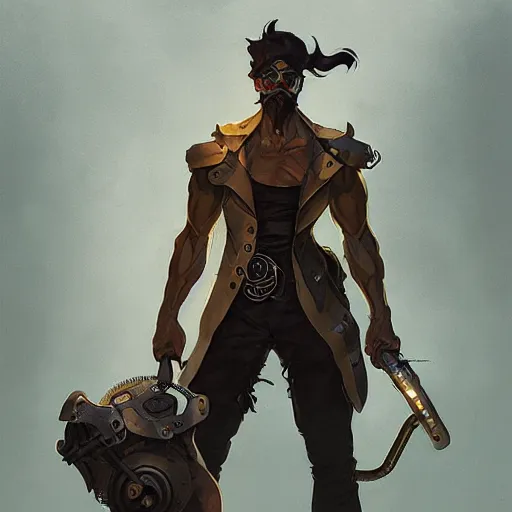 Image similar to character design, steampunk thug, blades and gadgets, backlit, musclebound and hulking, glamor hairstyle, persian, unibrow, male, Studio Ghibli painting concept by Greg Rutkowski