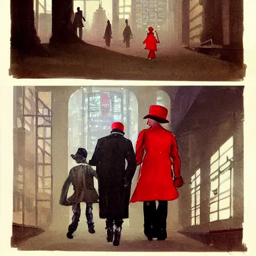 Image similar to a highly detailed epic cinematic concept art, cyberpunk, a thin man in a black coat and bowler hat talks with small young girl who is dressed in a red coat and a red hat, Berlin park, autumn, 1923, in the style of in the style of Francis Bacon and Syd Mead and Norman Rockwell and Beksinski, painted by Francis Bacon and Edward Hopper, painted by James Gilleard, surrealism, airbrush, Ilya Kuvshinov, WLOP, Stanley Artgerm, very coherent, triadic color scheme, art by Takato Yamamoto and James Jean, high detail, width 768