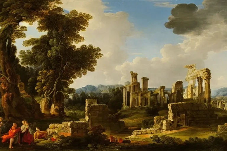 Image similar to beautiful arcadian landscape of a forested valley, ancient ruins in the distance by giovanni paolo pannini