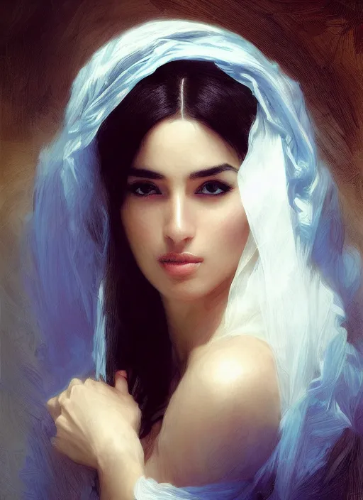 Prompt: Ameera al-Taweel, crystal blue eyes, wavy black hair, tanned skin, white veil, intricate, elegant, highly detailed, artstation, concept art, sharp focus, ruan jia, jurgens, orientalism, bouguereau