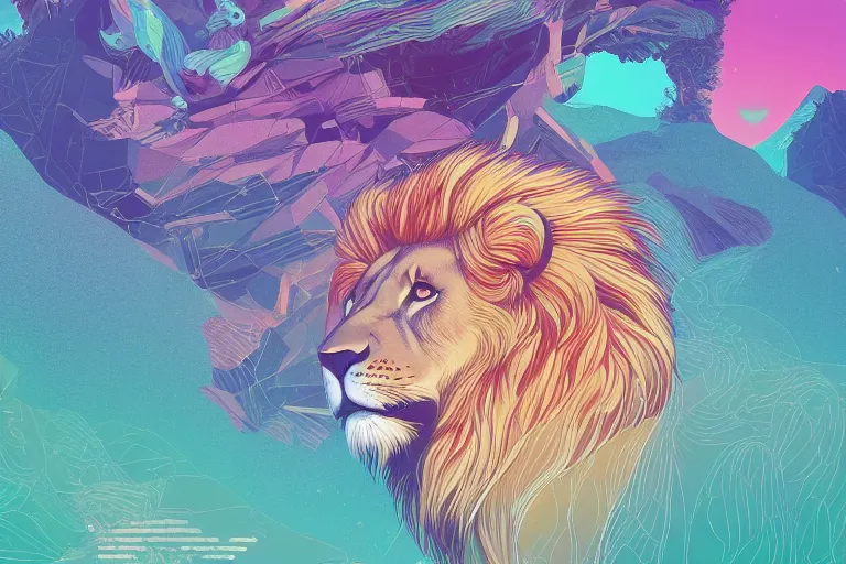 Prompt: Adorably cute portrait of Lion on top of a mountain , artstation winner by Victo Ngai, Kilian Eng and by Jake Parker, swirly vibrant color lines, winning-award masterpiece, fantastically gaudy, aesthetic octane render, 8K HD Resolution