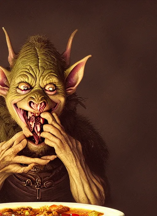 Image similar to highly detailed closeup portrait of a medieval goblin eating soup, stephen bliss, unreal engine, greg rutkowski, ilya kuvshinov, ross draws, hyung tae and frank frazetta, tom bagshaw, tom whalen, nicoletta ceccoli, mark ryden, earl norem, global illumination, god rays, detailed and intricate environment