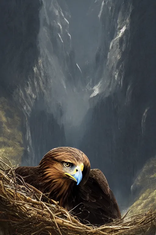 Image similar to portrait, golden eagle on his Nest in the mountains, face portrait, raphael lacoste, eddie mendoza, alex ross, concept art, matte painting, highly detailed, rule of thirds, dynamic lighting, cinematic, detailed, denoised, centerd