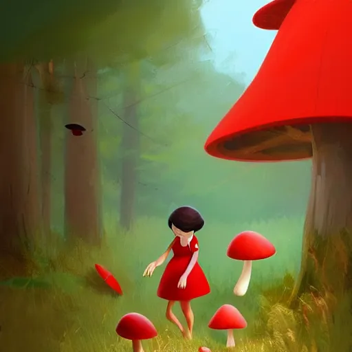 Image similar to goro fujita ilustration brunette girl in red dress picking mushrooms in the forest, painting by goro fujita, sharp focus, highly detailed, artstation