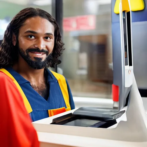 Prompt: closeup portait of jesus working as a cashier at macdonalds