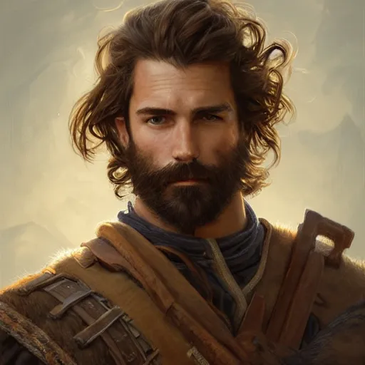 Image similar to portrait of a young, ruggedly handsome ranger, soft hair, muscular, half body, hairy, d & d, fantasy, intricate, elegant, highly detailed, digital painting, artstation, concept art, smooth, sharp focus, illustration, art by artgerm and greg rutkowski and alphonse mucha