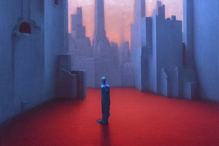 Prompt: only with blue, a man in love during birth, a red great dane, in hoc signo vinces, nyc in background, an ancient path, in the style of beksinski, part by hopper, part by rodcenko, part by hofbauer, intricate composition, blue by caravaggio, insanely quality, highly detailed, masterpiece, red light, artstation