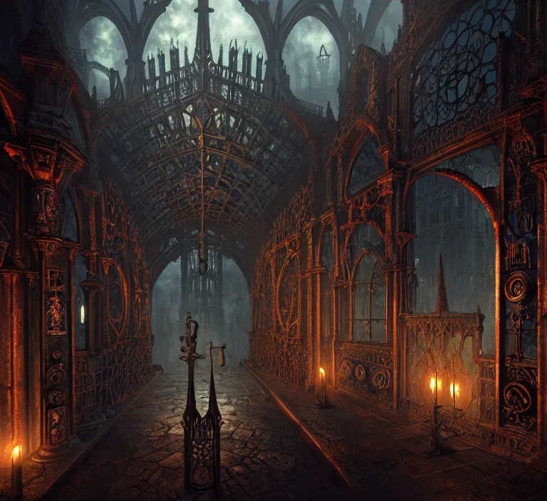 Image similar to steam necropolis, memento mori, gothic, neo - gothic, art nouveau, hyperdetailed copper patina medieval icon, stefan morrell, philippe druillet, ralph mcquarrie, concept art, steampunk, unreal engine, detailed intricate environment, octane render, moody atmospherics, volumetric lighting, ultrasharp, ominous, otherworldly