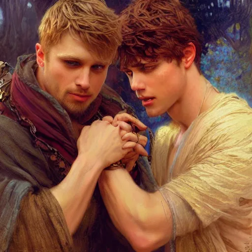 Image similar to attractive arthur pendragon confesses his love to attractive male merlin. highly detailed painting by gaston bussiere, craig mullins, j. c. leyendecker 8 k