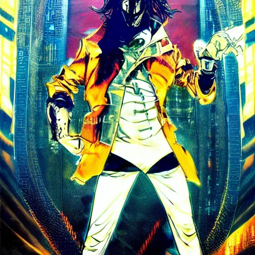 Image similar to portrait of the hacker cyberpunk magician in a dramatic jojo pose tarot card, golden blue outfit, oil on canvas by yoji shinkawa and esao andrews and raoul ruiz