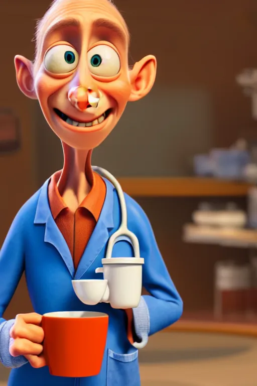 Prompt: portrait of the crazy doctor holding a cup of coffee, hospital in background, full body, wide shot. pixar disney 4 k 3 d render funny animation movie oscar winning trending on artstation and behance. ratatouille style.