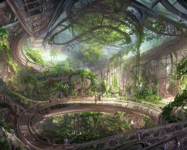 Prompt: Matte painting of the interior view of giant botanical museum. Biological architecture. Fantastical biopunk, detailed digital art trending in artstation