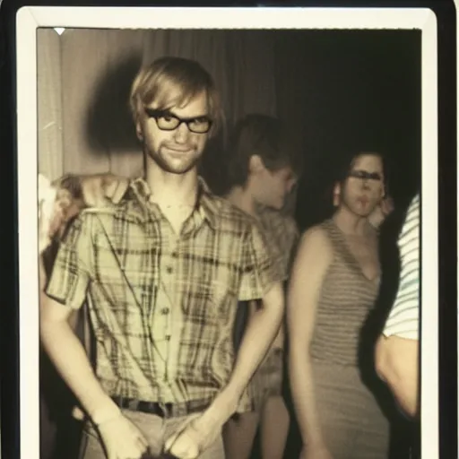 Prompt: jeffrey dahmer in a nightclub with glowsticks, late 7 0 s polaroid photo