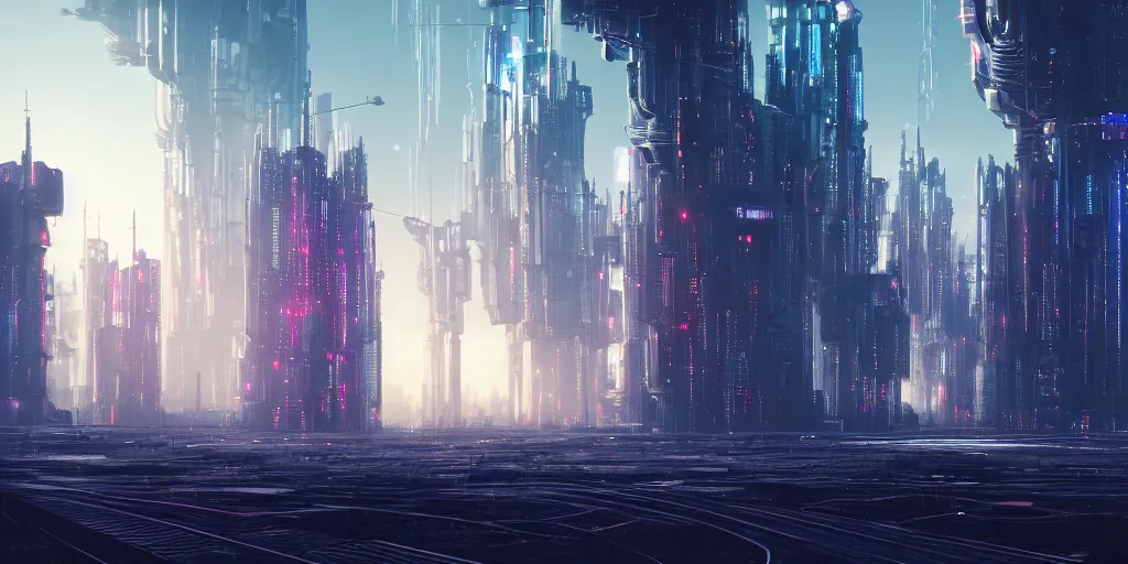 Image similar to a landscape view of a cybernetic cathedral overlooking an higway of data, cyberpunk, beautiful detailed, cinematic, strong lighting, hi - fructose art magazine, photorealistic, 8 k