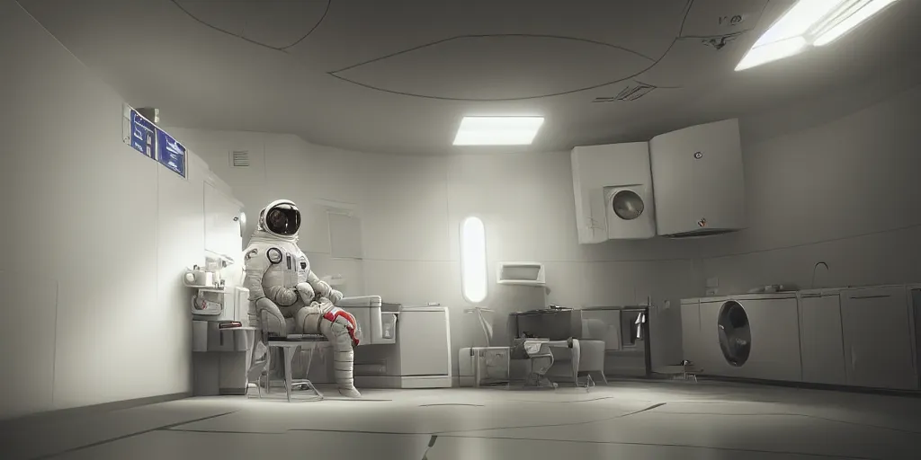 Prompt: a beautiful photo of an astronaut sat on a chair in a laundry room, soft light, morning light, photorealistic, realistic, octane, 8k, cinematic shot