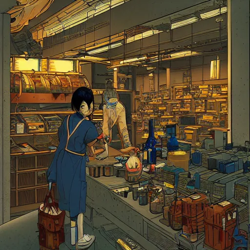 Image similar to japanese merchant in their shop, Industrial Scifi, detailed illustration, character design, by Martin Grip and Moebius