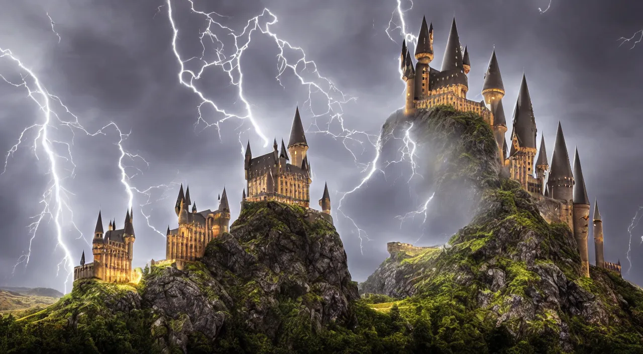 Image similar to pc background, 4 k, hogwarts castle and lightning strikes in bad weather