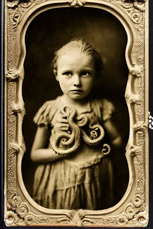 Image similar to wet plate photograph portrait of victorian octopus child with an octopus head, dressed in a victorian - era clothing, head is an octopus, dramatic lighting, highly detailed, smooth, sharp focus