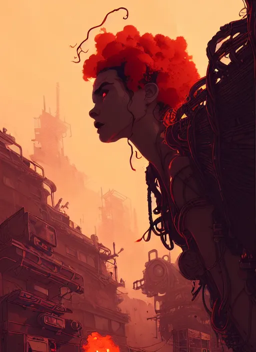 Prompt: highly detailed portrait of a wasteland long curly fire hair tribal lady, stray wiring by atey ghailan, james gilleard, by joe fenton, by greg rutkowski, by greg tocchini, by kaethe butcher, 4 k resolution, gradient red, orange, black and white color scheme!!! ( ( burning flaming robotic dystopian city background ) )