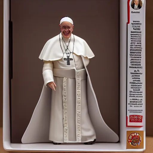 Image similar to action figure of pope francis. advertising photograph, photographic, hyperreal, 3 5 mm