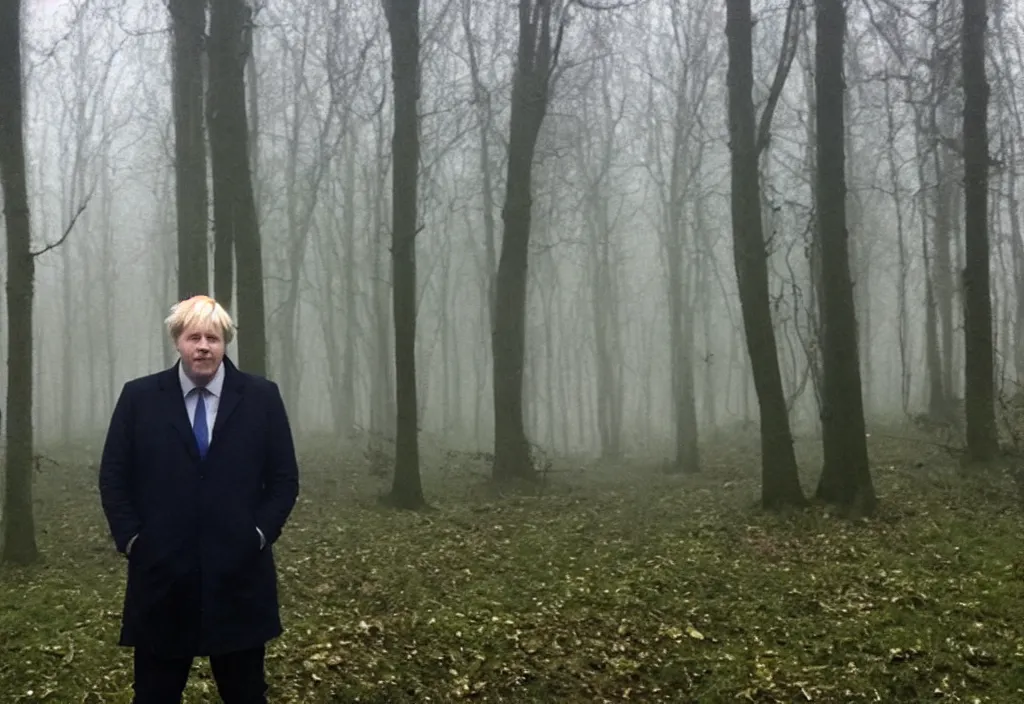 Prompt: low quality iphone photo of boris johnson standing ominously deep in the foggy woods with a demonic smile in his face, low visibility creepy, grainy, trail cam footage