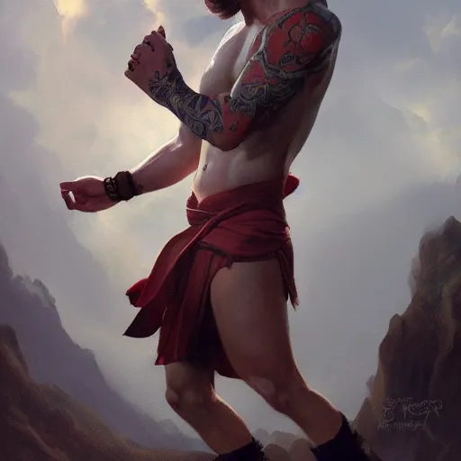 Prompt: A detailed matte oil on canvas painting of a young white male martial artist monk, orchid arm tattoos by greg rutkowski and Charlie bowater, trending on artstationhd, dungeons and dragons art