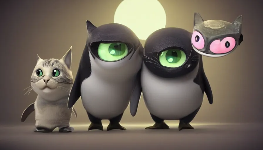 Image similar to very very very cute fantasy creatures based on penguins mixed with cats by Jama Jurabaev and Max Kostenko, disney, pixar, MPC, Framestore, character design for animation, video game character, concept design sheet, cute, adorable, uplight, a lineup of characters, big disney eyes, symmetrical eyes, cuteness, 3d render, octane rendered, highly detailed, cinematic lightning, rendered by maya and houdini, highly detailed, unreal engine, Trending on Artstation, octane render, 4k, 8k, HD