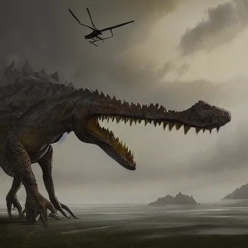 Prompt: an giant reptile creature destroying flying helicopters in a foggy storm weather, Matte painting , detailed painting, greg rutkowski