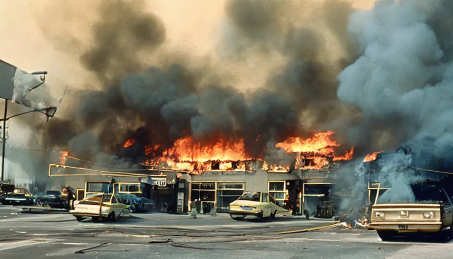 Prompt: 7 0 s movie still of chase bank burning, cinestill 8 0 0 t 3 5 mm eastmancolor, heavy grain, high quality, high detail