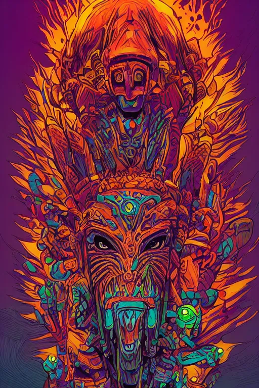 Image similar to totem animal tribal chaman vodoo mask feather gemstone plant wood rock video game illustration vivid color borderlands by josan gonzales and dan mumford radiating a glowing aura