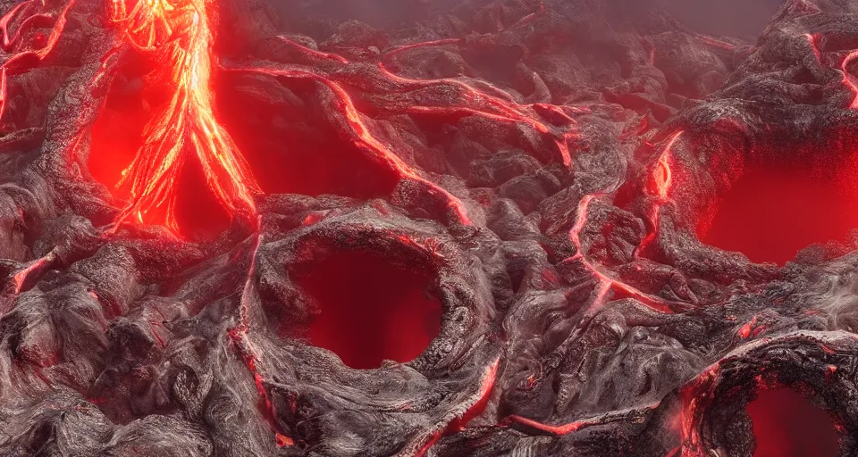 Image similar to a volcano made of ivory vines and crimson rocks enters in eruption, it spits a smoke in the shape of demonic eye, with Unreal Engine