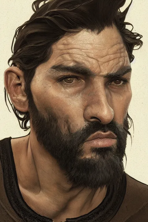 Image similar to very detailed portrait of a rugged man in his mid thirties, strong jaws, latino features, wearing a black t - shirt, earthy color scheme, by wlop and krenz cushart and artem demura and alphonse mucha and artgerm, historical fiction, detailed eyes, starry background, trending, on artstation.