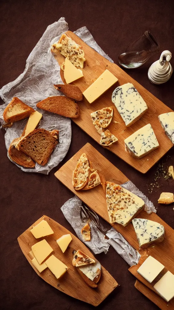 Image similar to 7 0 s food photography of an opulent spread of cheese on toast, on a velvet table cloth, dramatic diffused lighting