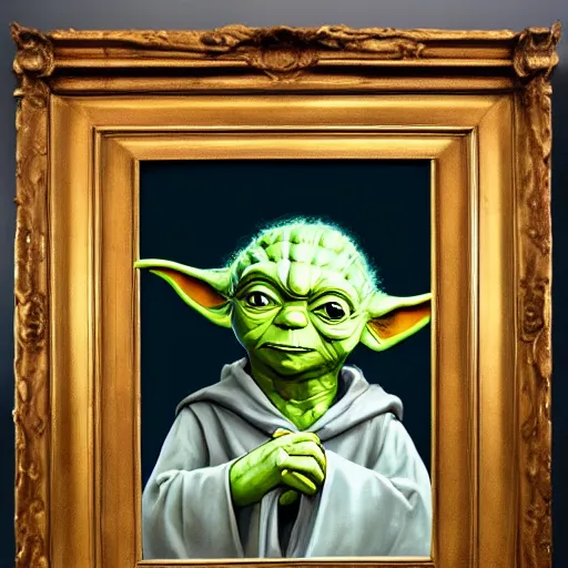 Prompt: a portrait painting of yoda from star wars in a renaissance style hanging in the louvre