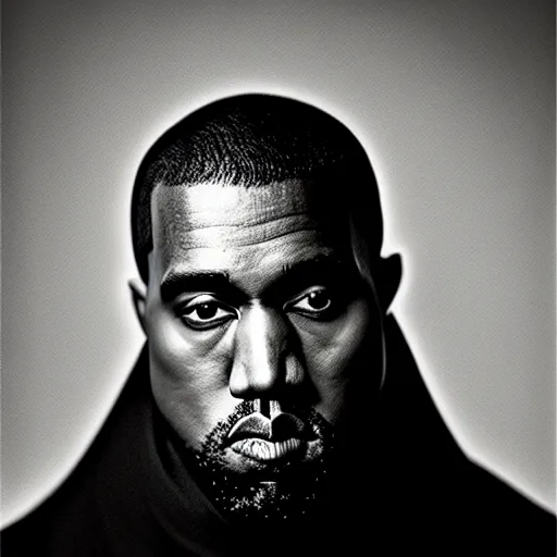 Image similar to a ( ( ( ( ( ( ( ( ( ( ( ( ( ( ( ( chiaroscuro lighting portrait ) ) ) ) ) ) ) ) ) ) ) ) ) ) ) of kanye west dressed as rick owens, black background, portrait by julia margaret cameron, shallow depth of field, 8 0 mm, f 1. 8