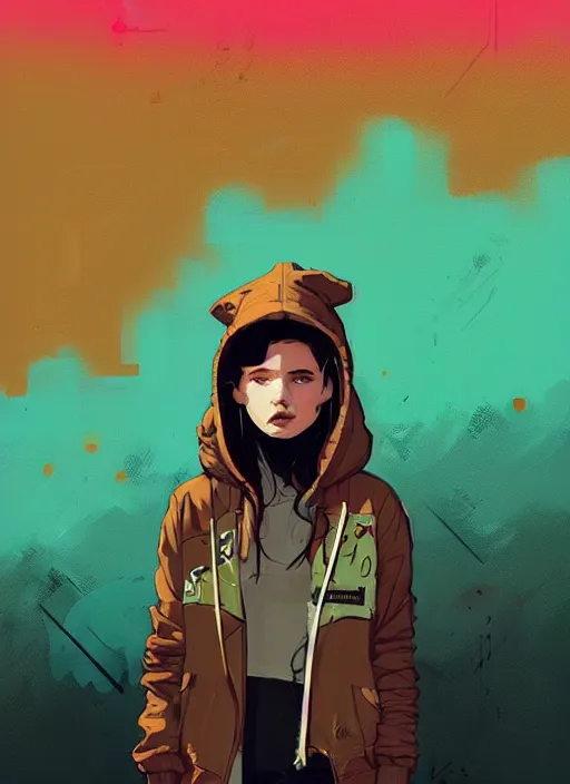 Image similar to highly detailed portrait of a cloudpunk young seattle lady, tartan hoody, by atey ghailan, by greg rutkowski, by greg tocchini, by james gilleard, by joe fenton, by kaethe butcher, gradient green, brown, blonde crea, orange, brown and white color scheme, grunge aesthetic!!! ( ( graffiti tag wall background ) )