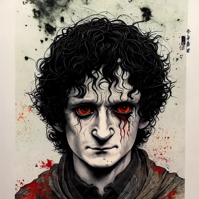 Prompt: symmetrical complex fine detail, black ink & copic markers, vibrant muted colors, disturbing grunge still of a [ solomonic demon infested ] [ frodo baggins ], by ( arthur adams ), by ( tom bagshaw ), by henry asencio, by kikuchi hideyuki, ukiyo - e