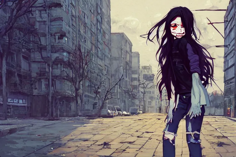 Image similar to urban school zombie girl in tattered clothes with a city street of Buenos aires in the background, dark blue long hair, muted colors, matte print, pastel colors, ornate, digital art, cute smile, digital painting, fan art, elegant, pixiv, by Ilya Kuvshinov, by Studio Ghibli