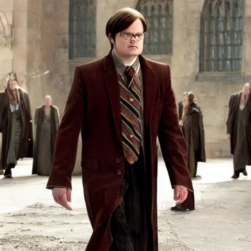 Prompt: dwight schrute playing dumbledore in a harry potter movie