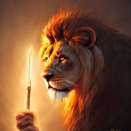 Prompt: an anthropomorphic half lion half human wizard holding a glowimg magical wand,wizard,fantasy art,digital art,art by greg rutkowski,realiatic,photorealistic,hyperdetailed,detailed face,professional lighting,mysterious