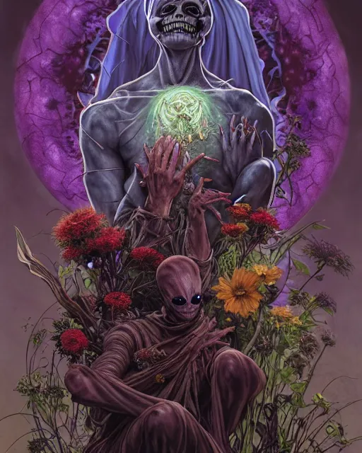 Image similar to the platonic ideal of flowers, rotting, insects and praying of cletus kasady carnage thanos davinci dementor wild hunt chtulu mandala ponyo heavy rain the witcher, d & d, fantasy, ego death, decay, dmt, psilocybin, concept art by randy vargas and greg rutkowski and ruan jia and alphonse mucha