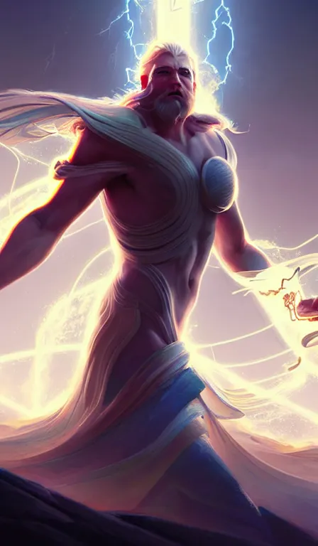 Image similar to the god zeus, lightning, action, epic, sharp focus, digital art, concept art, dynamic lighting, by anna dittman, jessica rossier and rossdraws