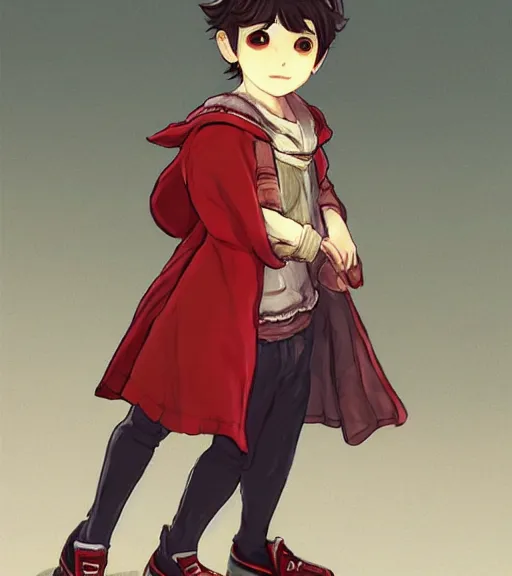 Image similar to attractive little boy character inspired in little red riding hood and venti from genshi impact, digital artwork made by akihiko yoshida and makoto shinkai