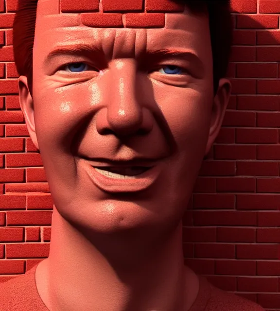Image similar to render of a red brick with rick astley drawn on it, perfect face, cinematic, highly detailed, digital painting, artstation, smooth, hard focus, illustration, art by jessica rossier and and brian froud, unreal engine, octane render, raytracing, 4 k, 8 k