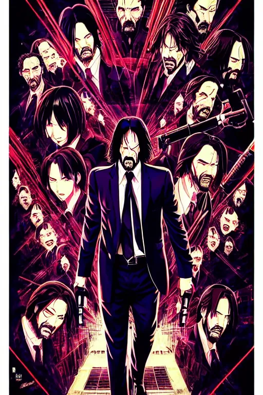 Prompt: poster of john wick, in anime style, by yoichi hatakenaka, masamune shirow, josan gonzales and dan mumford, ayami kojima, takato yamamoto, barclay shaw, karol bak, yukito kishiro