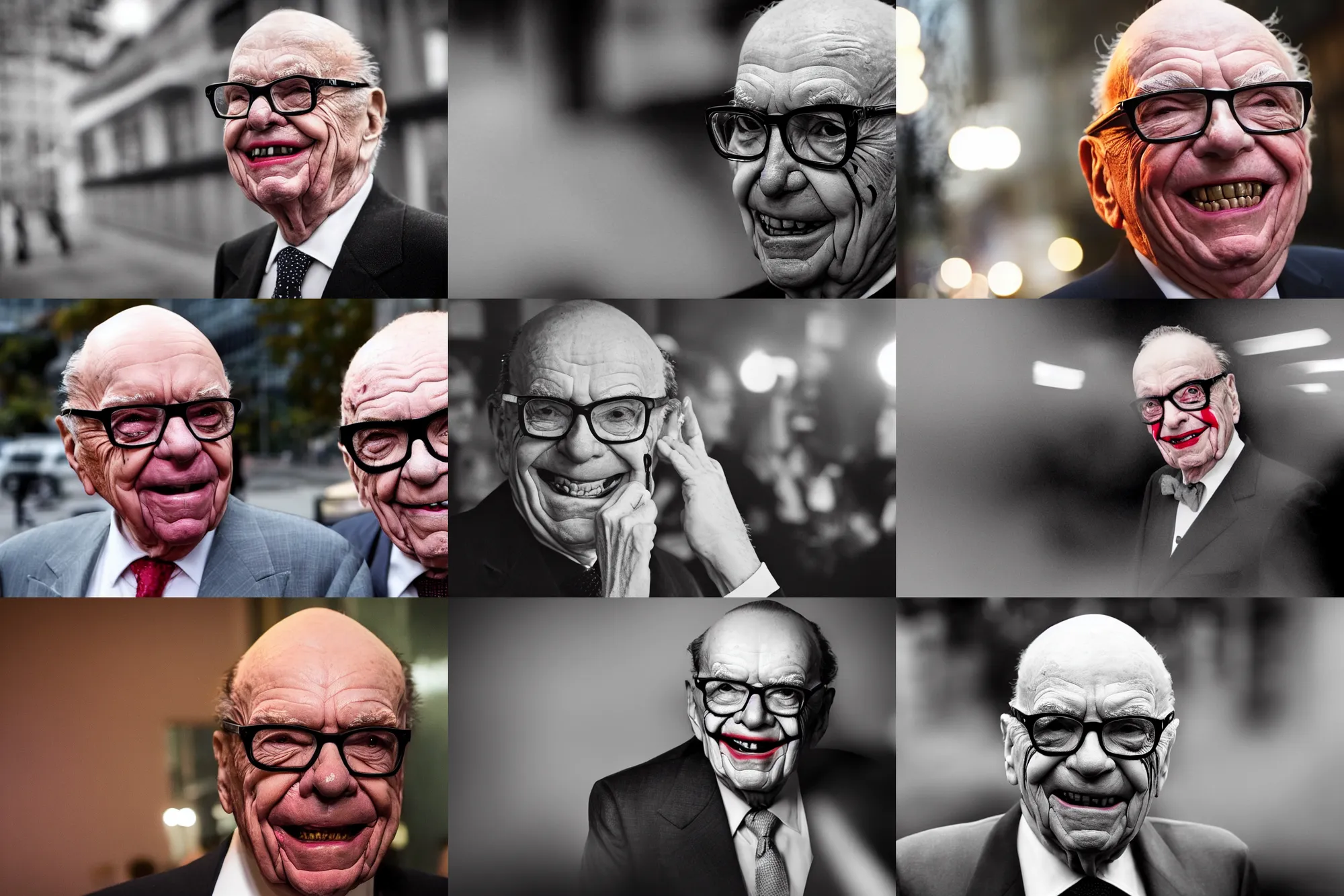 Prompt: Rupert Murdoch wearing glasses and makeup like Jack Nicholson\'s Joker, laughing as the world behind him burns, volumetric fog, portrait photography, depth of field, bokeh