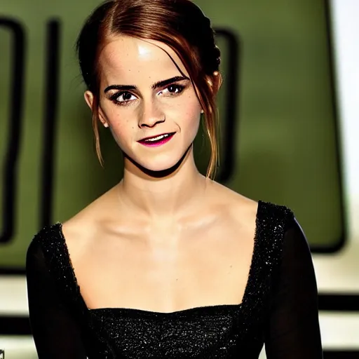 Prompt: malevolent green - skinned emma watson, green skin, sexy and alluring, dark black long dress, smirking, black witch hat and broomstick, long bushy hair ; her skin is colored green