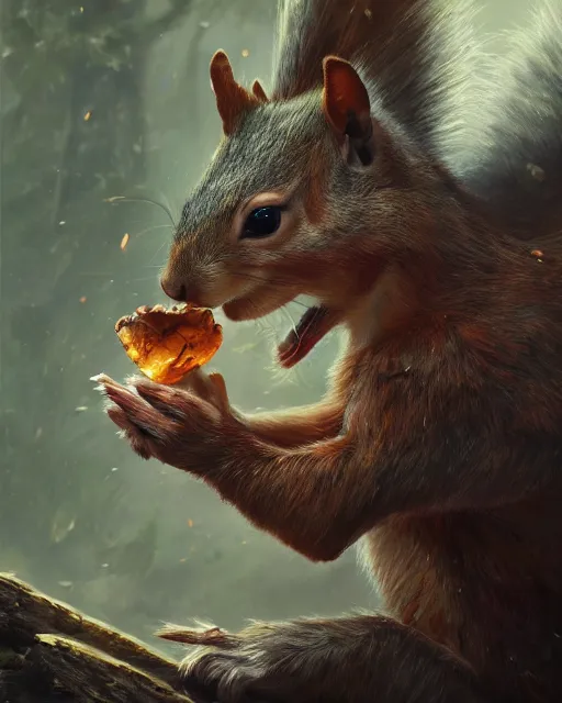 Image similar to oil painting of Anthropomorphized Squirrel attacking, wearing armor, wearing war paint, sharp focus, fantasy style, octane render, volumetric lighting, 8k high definition, by greg rutkowski, highly detailed, trending on art Station, magic the gathering artwork, magical forest backround, centered