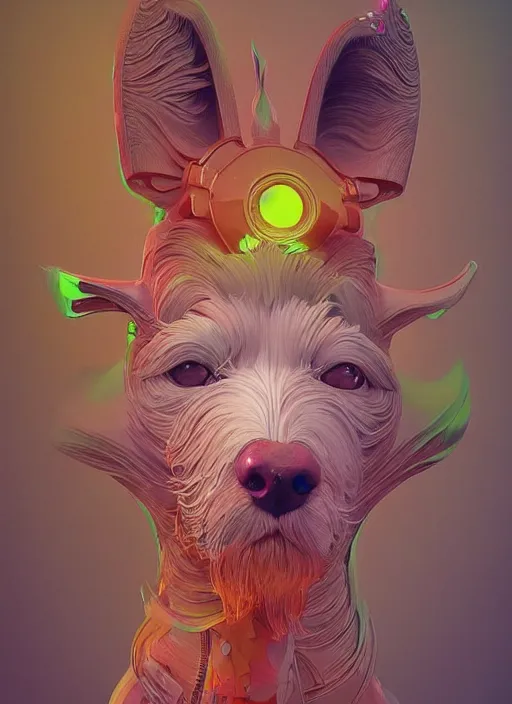 Prompt: colourful caricature - 3 d vfx art - of a dog, art style by james jean & hsiao - ron cheng, character concept art, unreal engine render, digital illustration, sharp, intricate detail, volumetric light, ray tracing, soft light, symmetric, pinterest, artstation, behance,