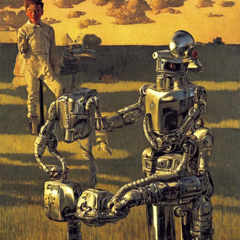 Prompt: portrait painting of a farmboy robot made of shiny reflective chrome in front of rolling cornfields and beautiful clouds at dusk, painted by norman rockwell. pulp sci - fi art for omni magazine. high contrast. dark background. baroque period, oil on canvas. renaissance masterpiece. trending on artstation. retrofuturism.